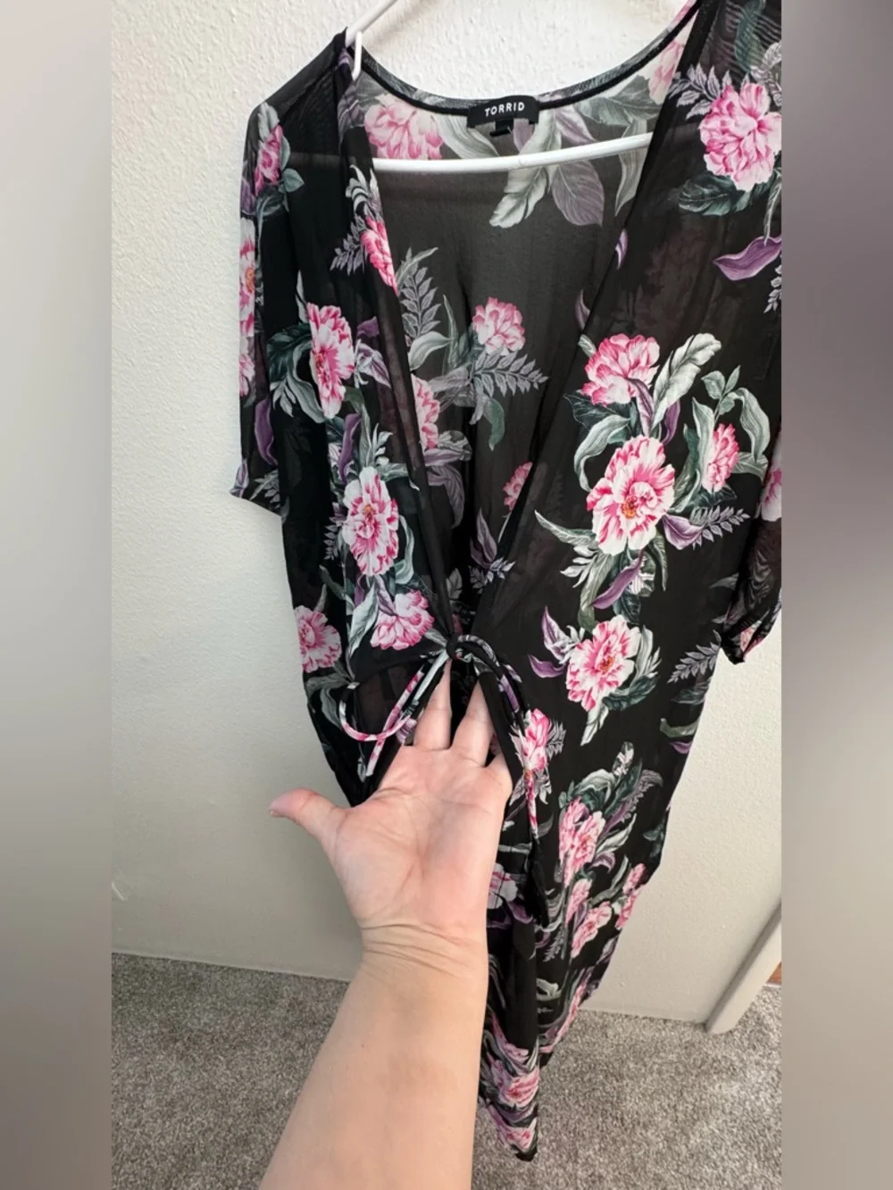 torrid Black Floral Swim Coverup with Pink and Lavender Blooms - Size 3/4